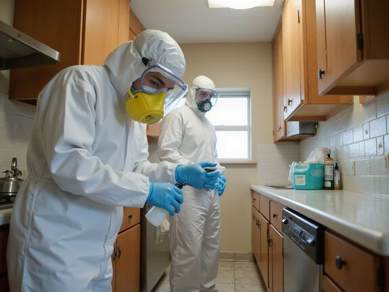 Biohazard cleanup team in full PPE decontaminating a residential surface