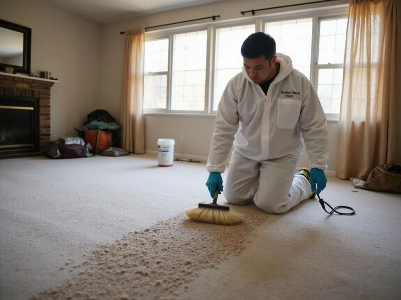 Crime scene cleanup technician decontaminating interior surface