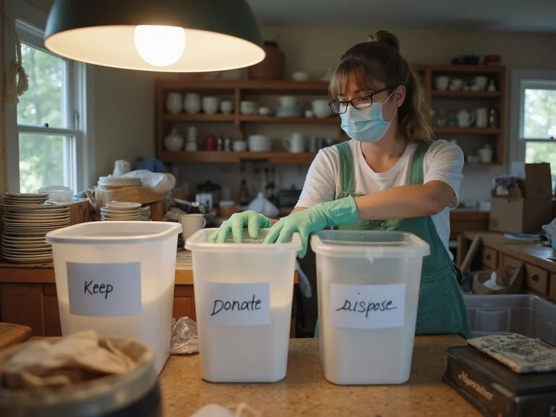 Cleanup crew sorting items into organized categories during a Houston hoarding cleanup