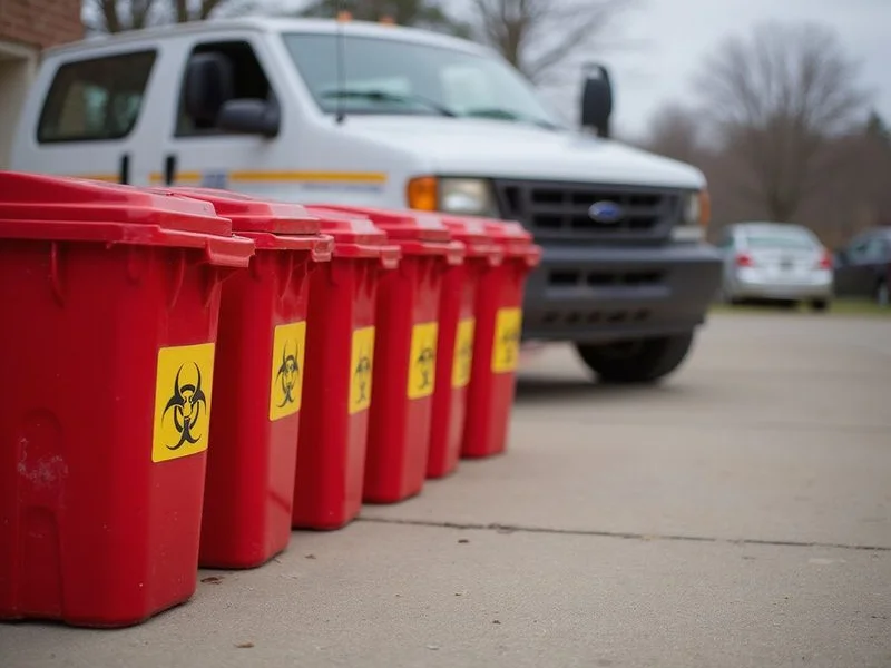 Properly labeled biohazard waste containers ready for regulated disposal